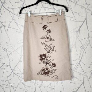 Sandra Angelozzi 100% Wool Artsy Floral Embroidered Midi Pencil Skirt